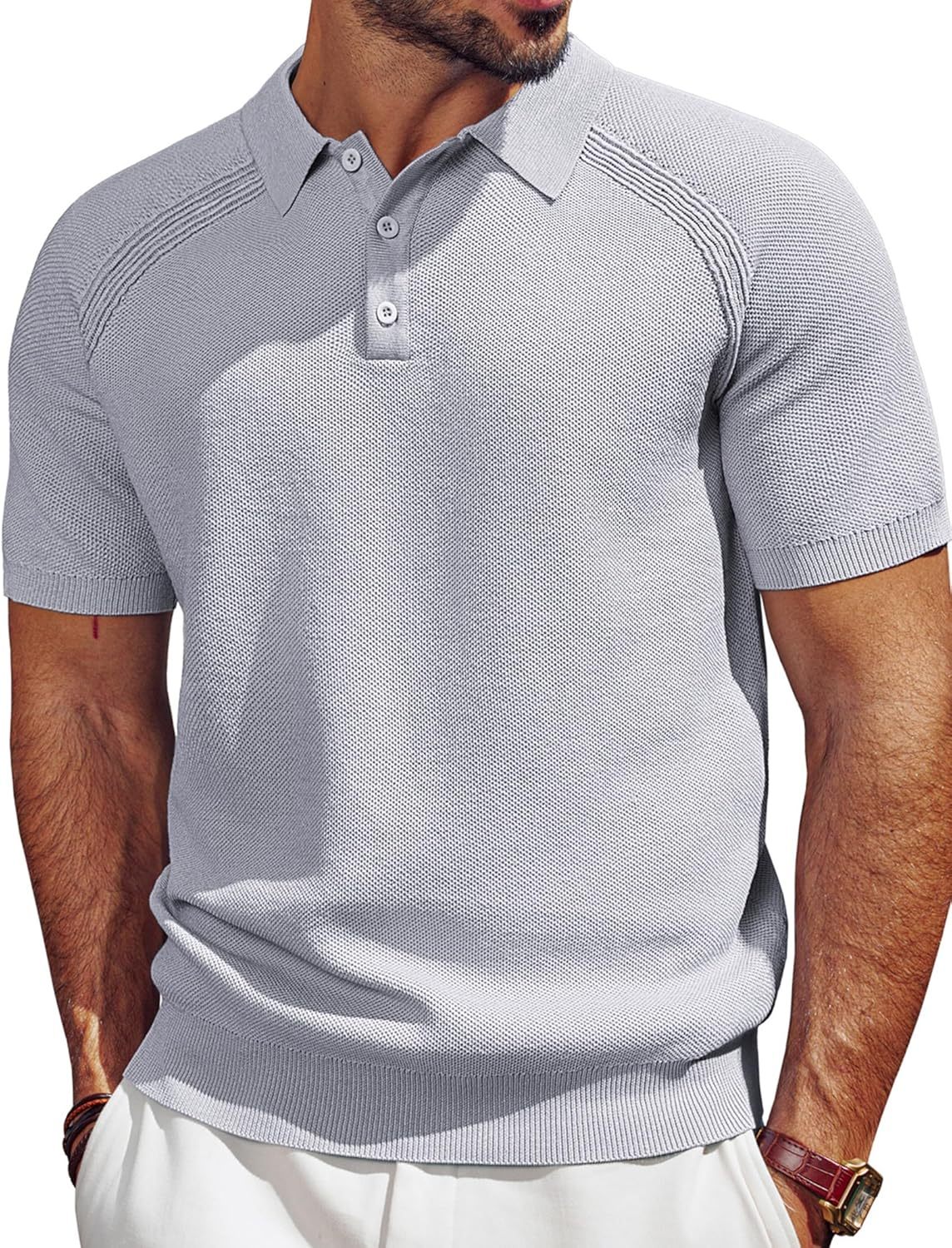 Men's Polo Shirt Short Sleeve Textured Knit Button Shirts Raglan Sleeve Casual Golf Shirt