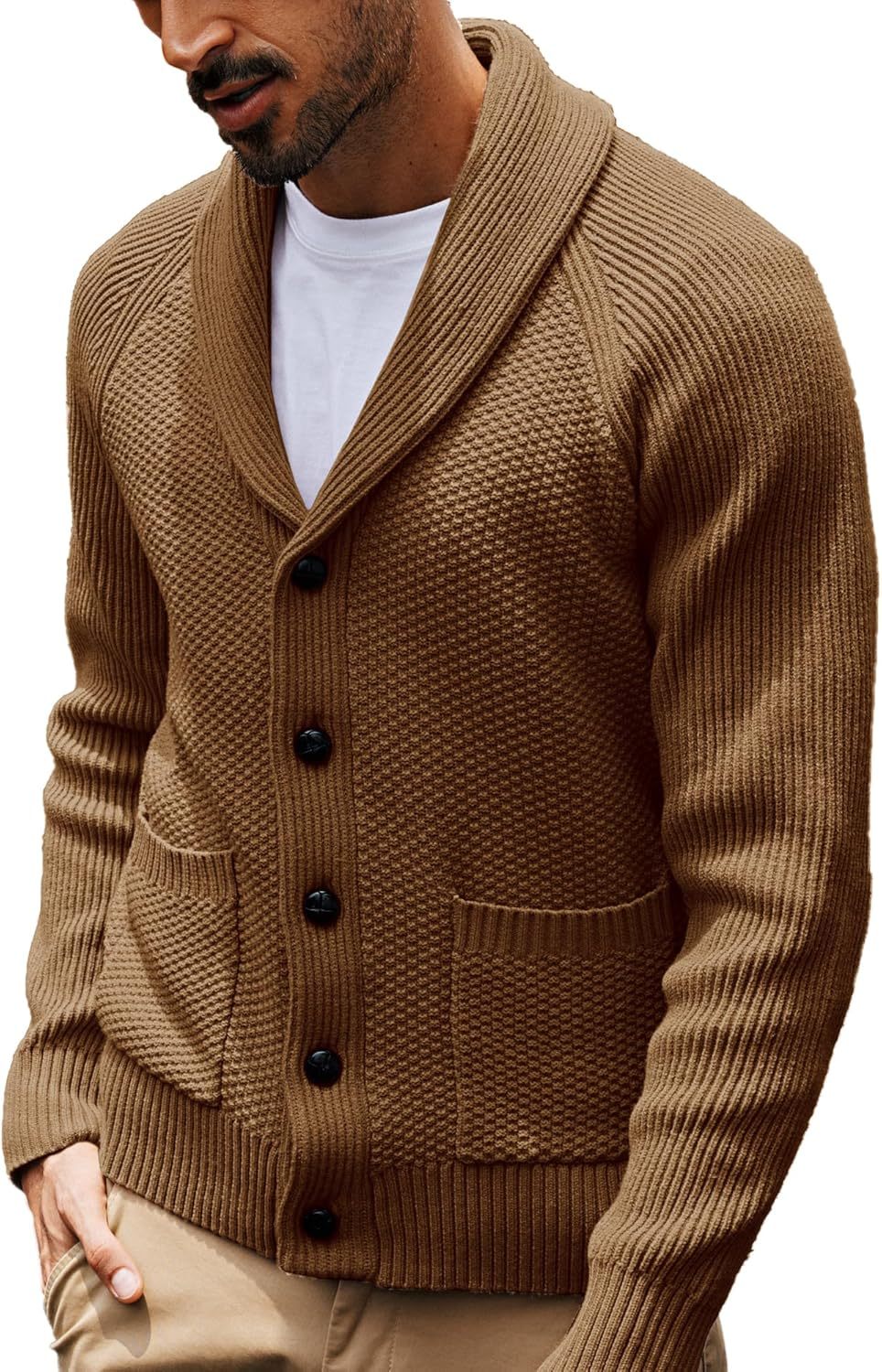 Men's Shawl Collar Button-Down Cardigan Knitted Textured Sweater