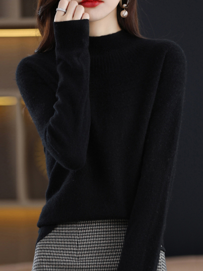 Office Raglan Sleeve Hollow Solid Color High-Neck Sweater Tops