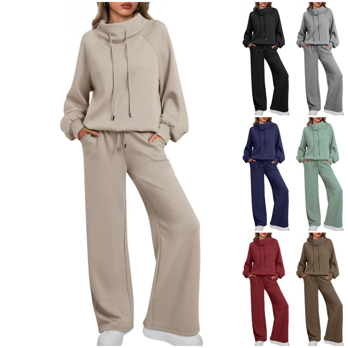 NEW 🔥 Women's Two-Piece Oversized Round NeckDrawstring Sweatshirt Wide Leg Sweatpants Casual Set