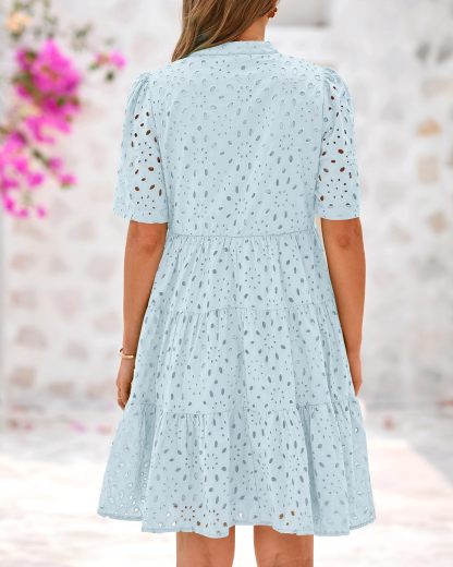 HOT SALE Women's V Neck Short Sleeve Hollow Out Lace Ruffle Summer Dresses