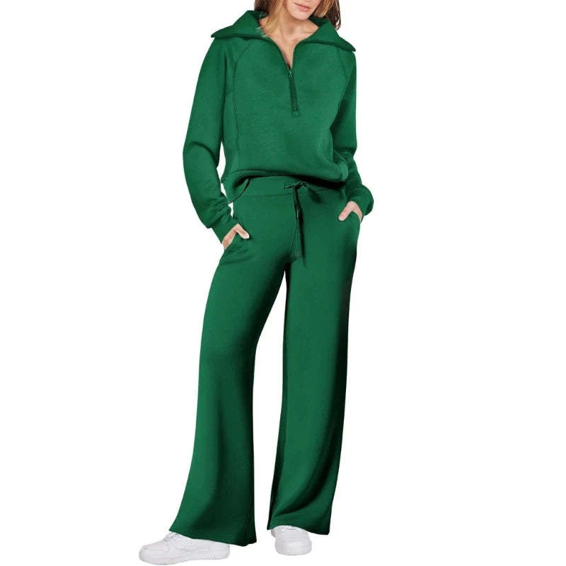 Women's Cotton Two-Piece Oversized Half-Zip Sweatshirt Wide Leg Sweatpants Casual Suit