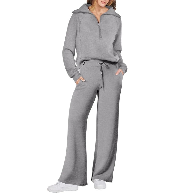 Women's Cotton Two-Piece Oversized Half-Zip Sweatshirt Wide Leg Sweatpants Casual Suit