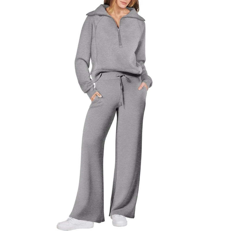 Women's Cotton Two-Piece Oversized Half-Zip Sweatshirt Wide Leg Sweatpants Casual Suit