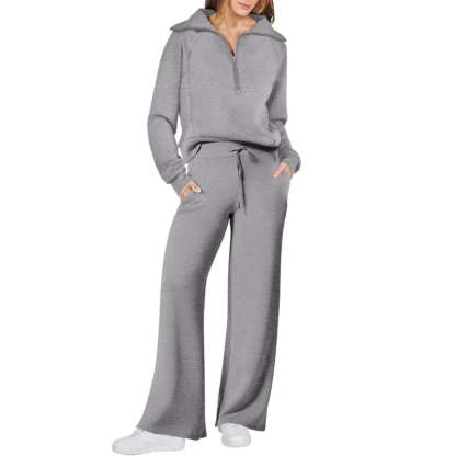 Women's Cotton Two-Piece Oversized Half-Zip Sweatshirt Wide Leg Sweatpants Casual Suit