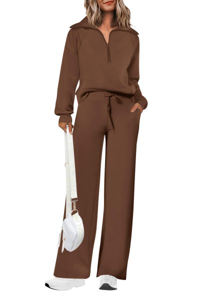 Women's Cotton Two-Piece Outfits Lapel Half-Zip Sweatshirt Wide Leg Sweatpants Casual Suit