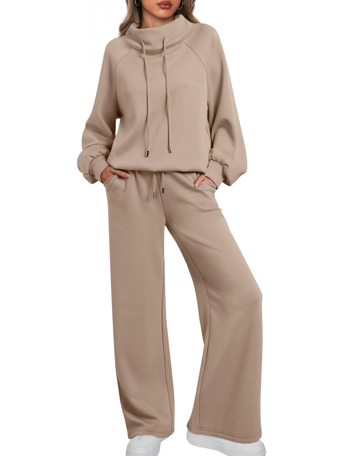 NEW 🔥 Women's Two-Piece Oversized Round NeckDrawstring Sweatshirt Wide Leg Sweatpants Casual Set
