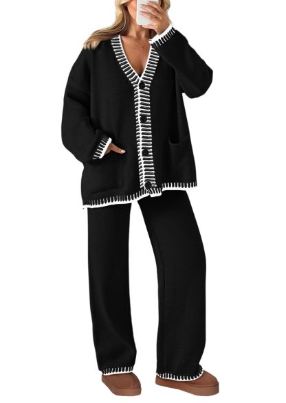 NEW🔥 2024 Women's Cotton Two-Piece Knit Leisure Suit Long Sleeved V Neck Cardigan Sweater Wide Legged Pants Sportswear
