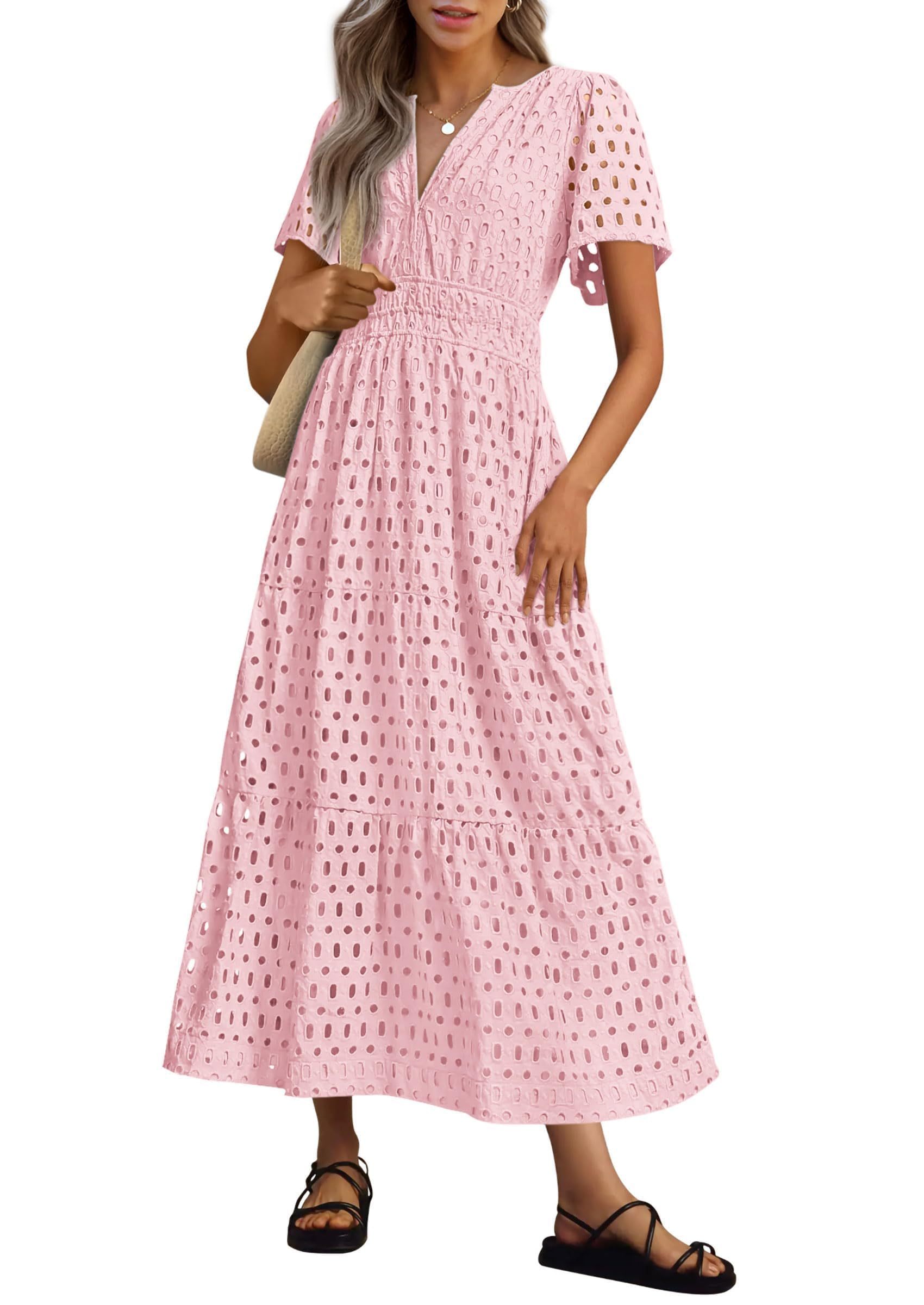 Womens 2025 Summer Maxi Dress Short Sleeve V Neck Hollow Out Eyelet A Line Long Flowy Beach Vacation Dresses