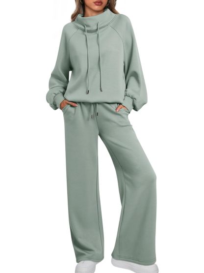 NEW 🔥 Women's Two-Piece Oversized Round NeckDrawstring Sweatshirt Wide Leg Sweatpants Casual Set