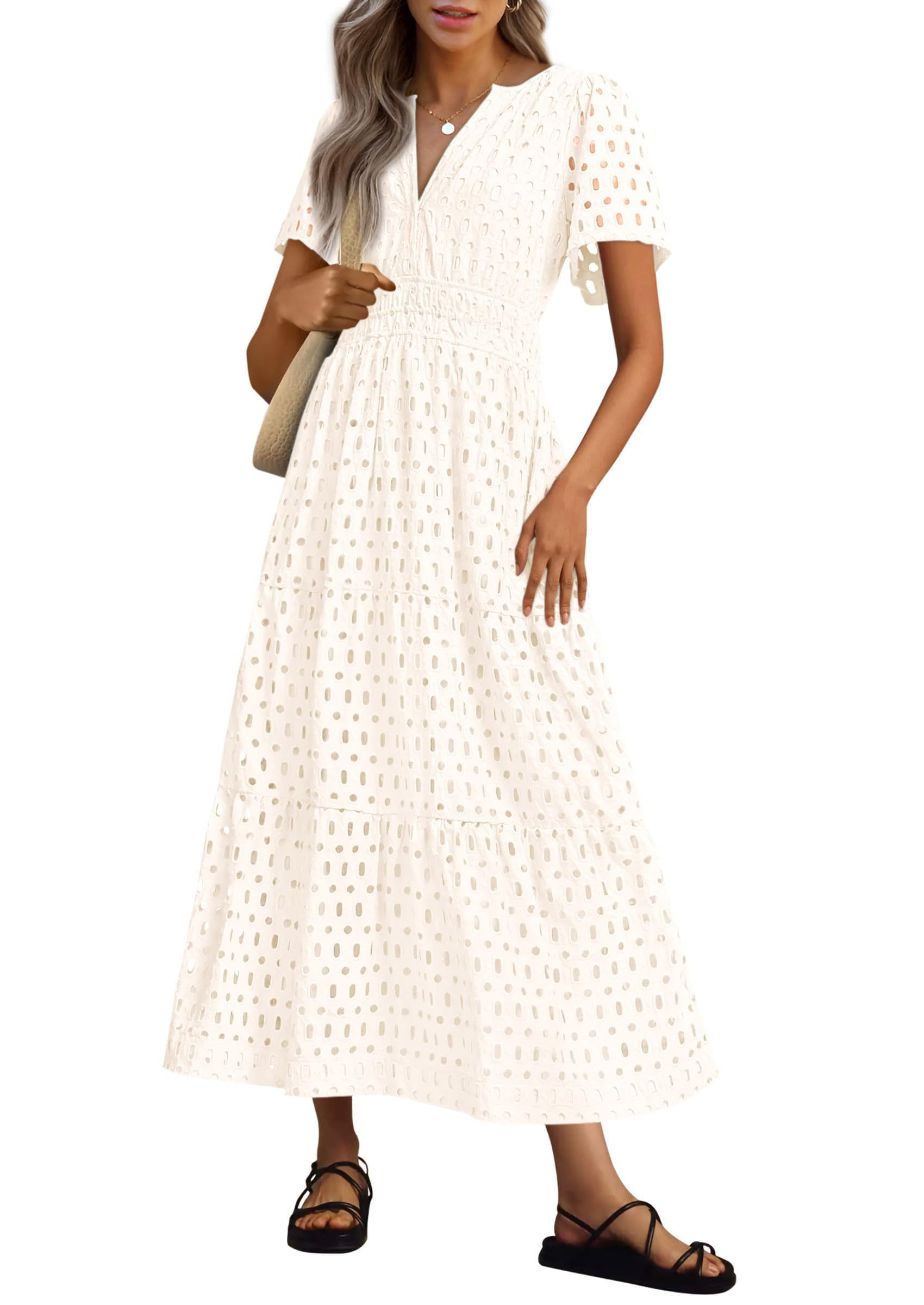 Womens 2025 Summer Maxi Dress Short Sleeve V Neck Hollow Out Eyelet A Line Long Flowy Beach Vacation Dresses