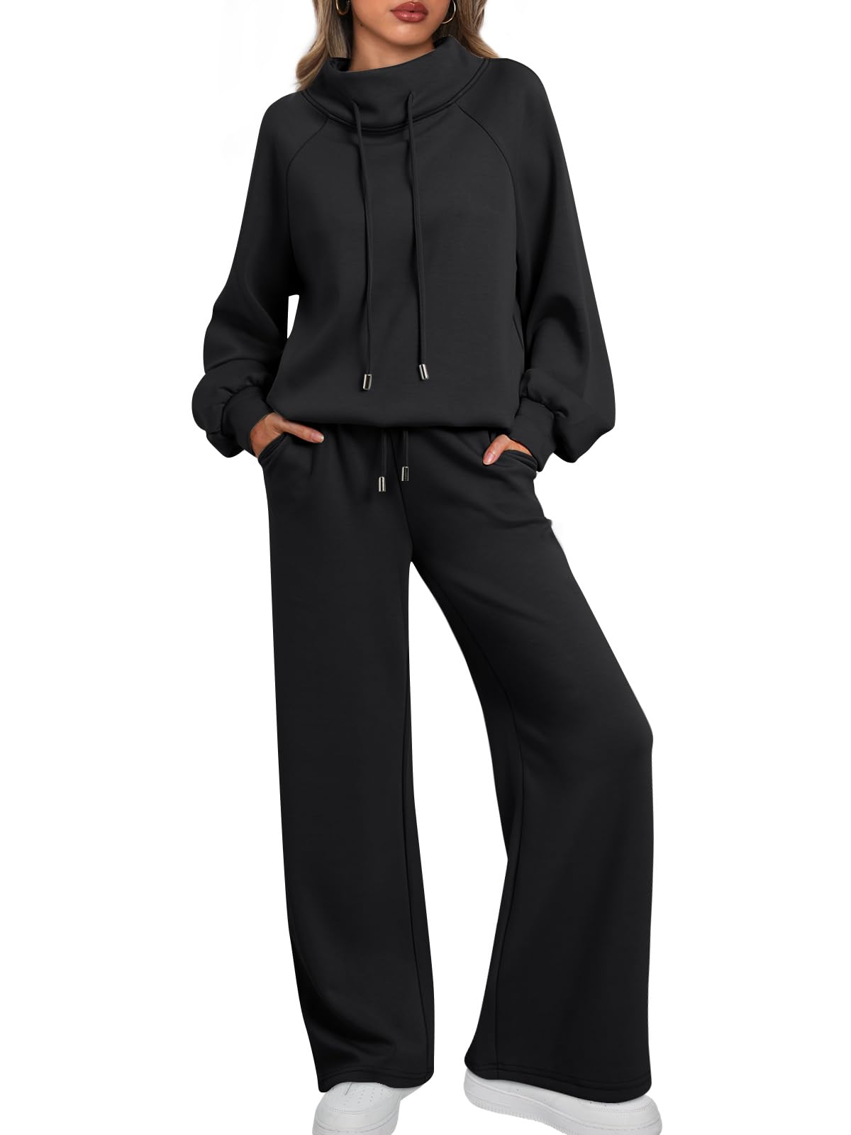 NEW 🔥 Women's Two-Piece Oversized Round NeckDrawstring Sweatshirt Wide Leg Sweatpants Casual Set