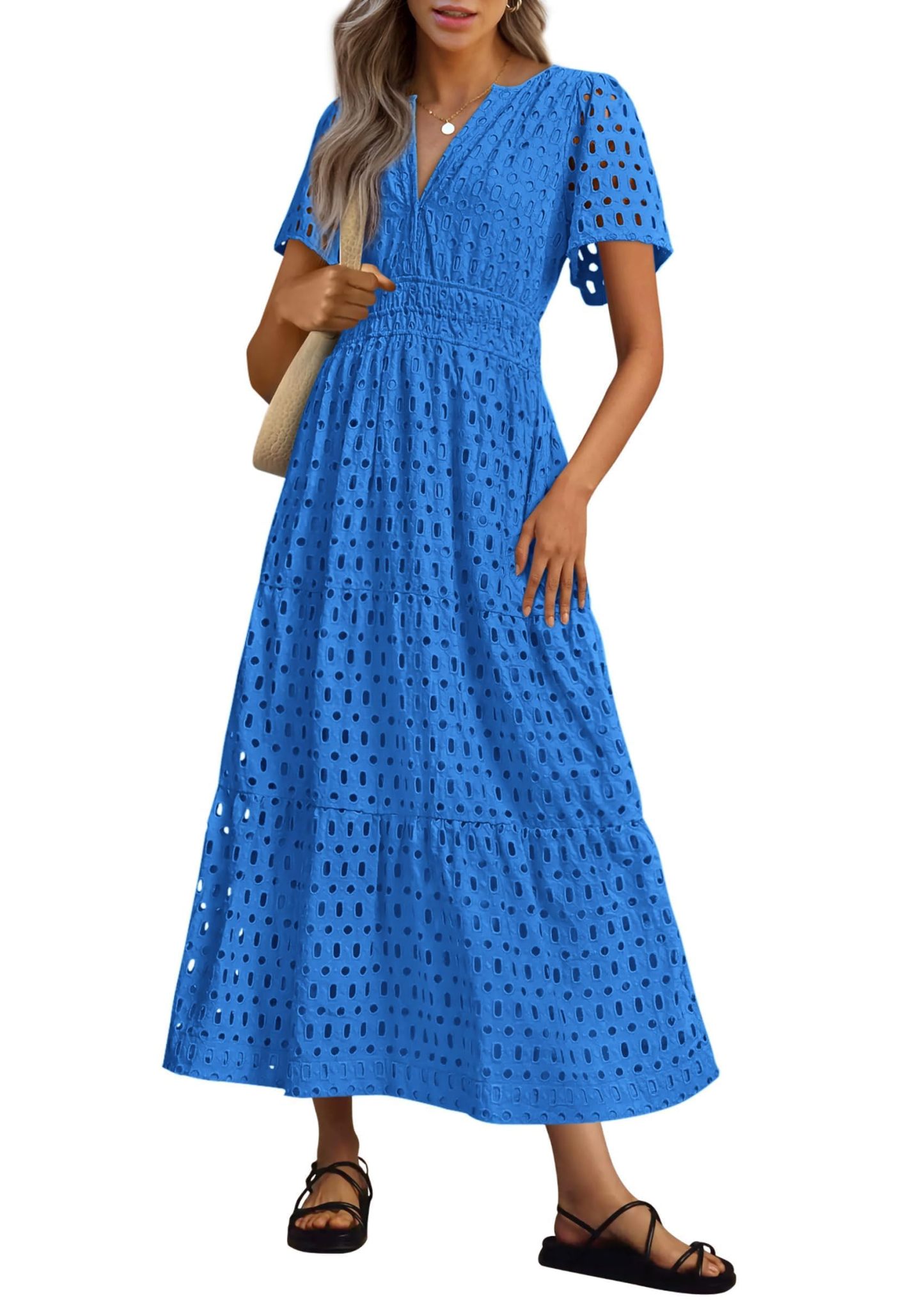 Womens 2025 Summer Maxi Dress Short Sleeve V Neck Hollow Out Eyelet A Line Long Flowy Beach Vacation Dresses