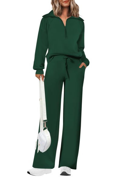 Women's Cotton Two-Piece Outfits Lapel Half-Zip Sweatshirt Wide Leg Sweatpants Casual Suit