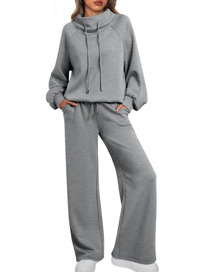 NEW 🔥 Women's Two-Piece Oversized Round NeckDrawstring Sweatshirt Wide Leg Sweatpants Casual Set