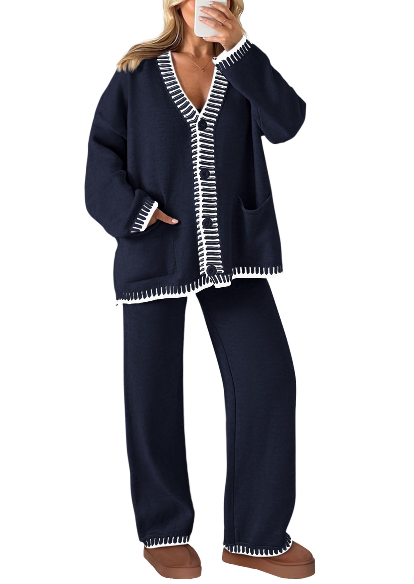 NEW🔥 2024 Women's Cotton Two-Piece Knit Leisure Suit Long Sleeved V Neck Cardigan Sweater Wide Legged Pants Sportswear