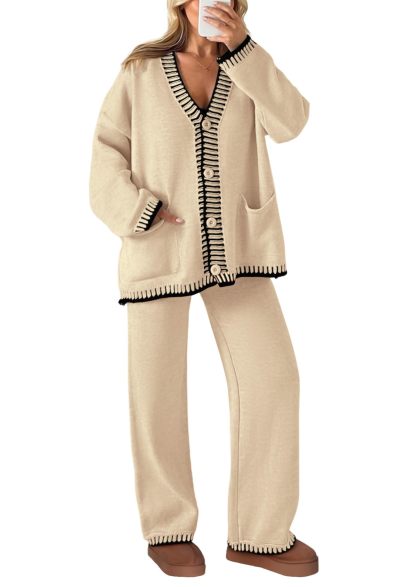 NEW🔥 2024 Women's Cotton Two-Piece Knit Leisure Suit Long Sleeved V Neck Cardigan Sweater Wide Legged Pants Sportswear
