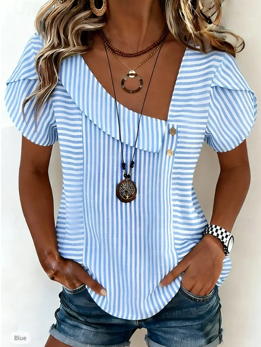 Women's T Shirt Tee Top Print Striped Fashion Stylish Classic Short Sleeve V Neck Regular Tops Daily Going out Weekend Blue Summer Spring
