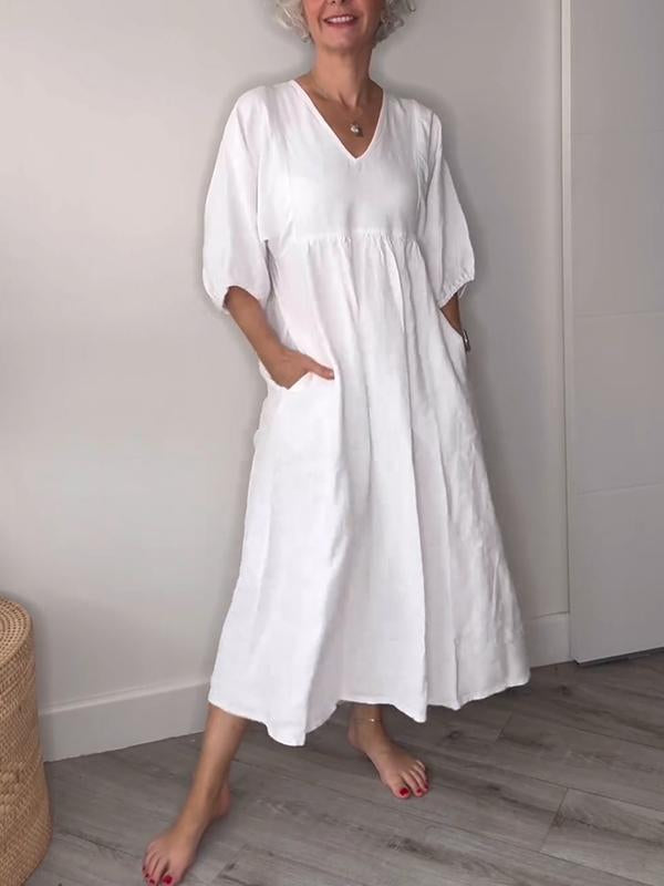 Hot Sale🔥 Women's Casual Fashion V-Neck Solid Color Mid-Length Sleeve Dress