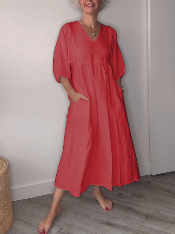 Hot Sale🔥 Women's Casual Fashion V-Neck Solid Color Mid-Length Sleeve Dress