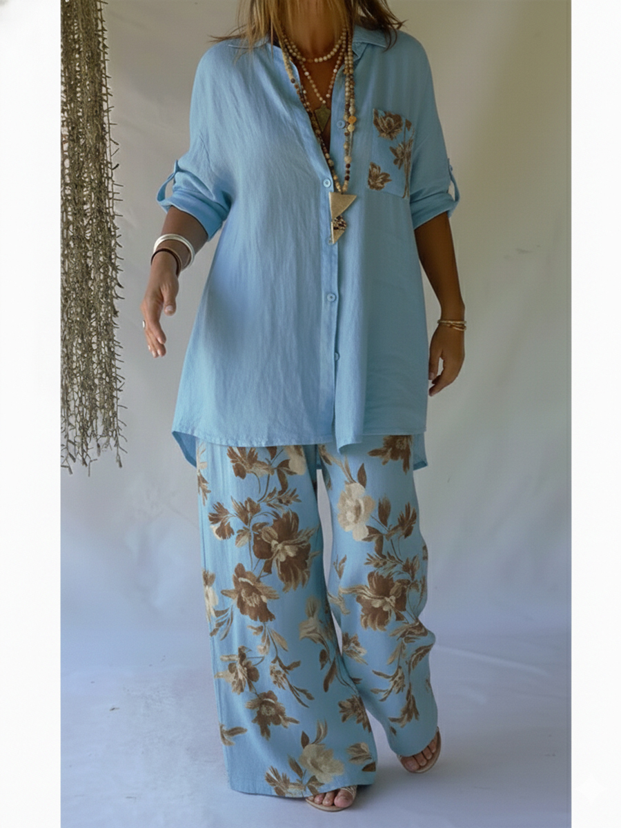 Casual Floral Print Linen And Cotton Shirt And Trousers Two-piece Set