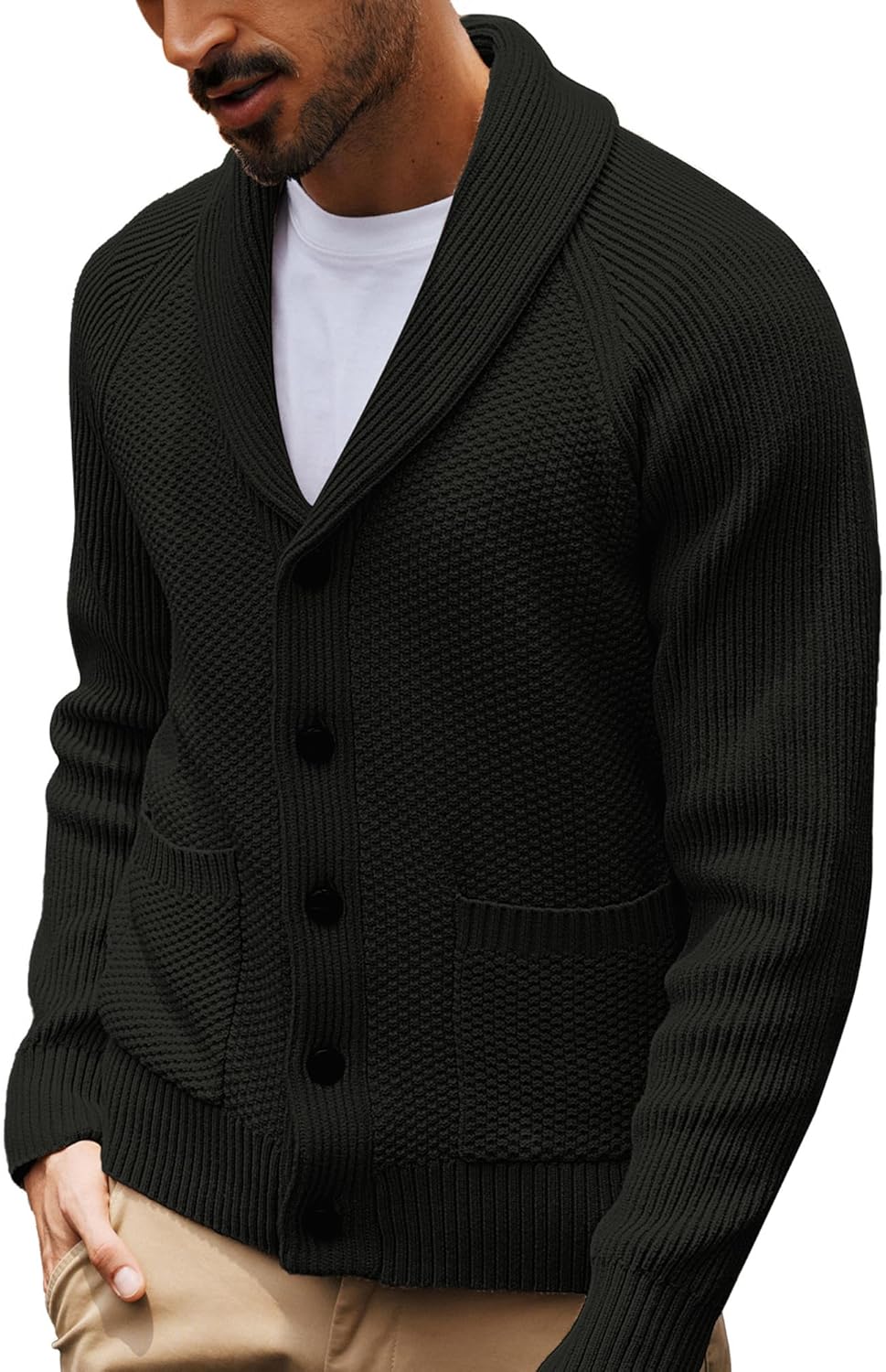 Men's Shawl Collar Button-Down Cardigan Knitted Textured Sweater