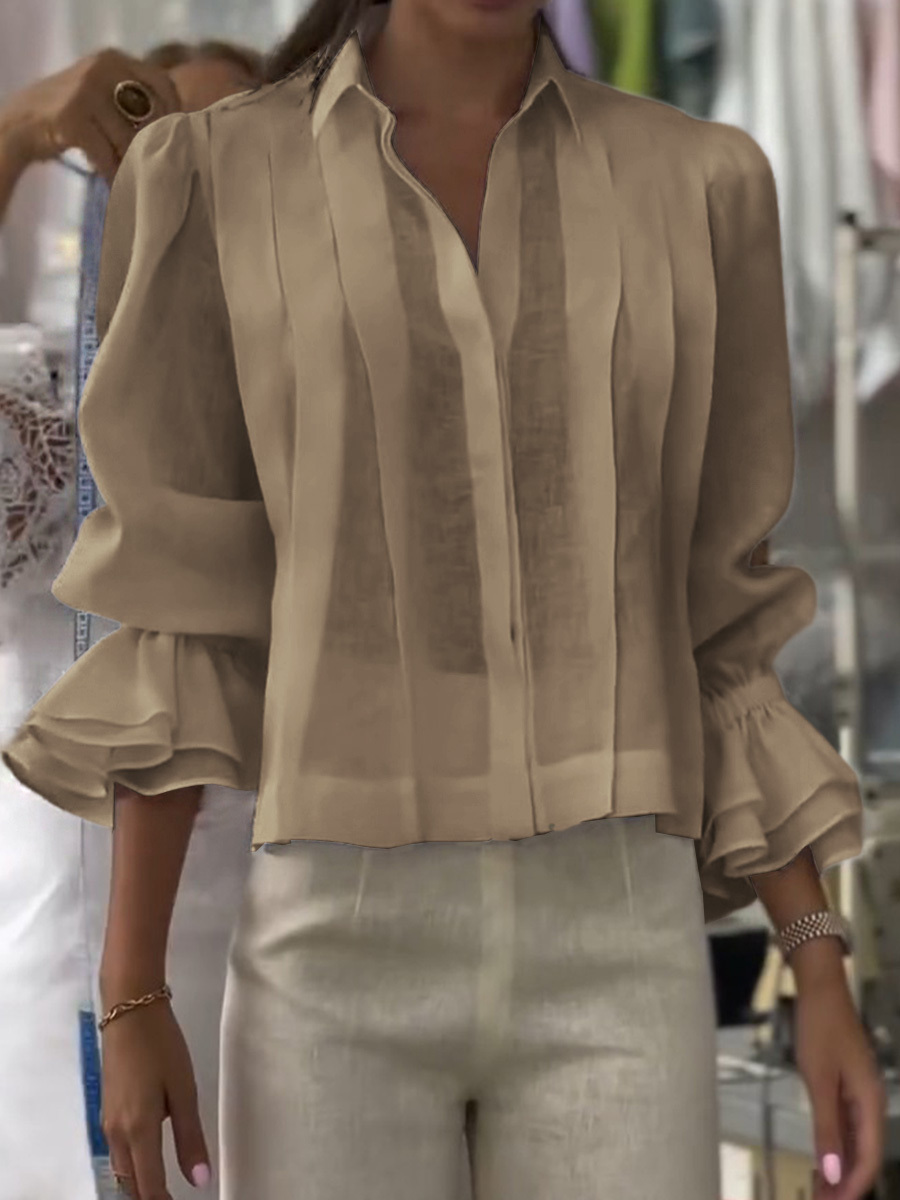 Women's Solid Color Lapel Long Sleeve Casual Loose Linen Cardigan Top