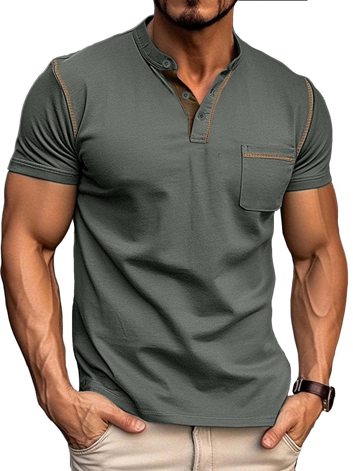 Men's Fashion Cotton Short Sleeve Henley Shirt