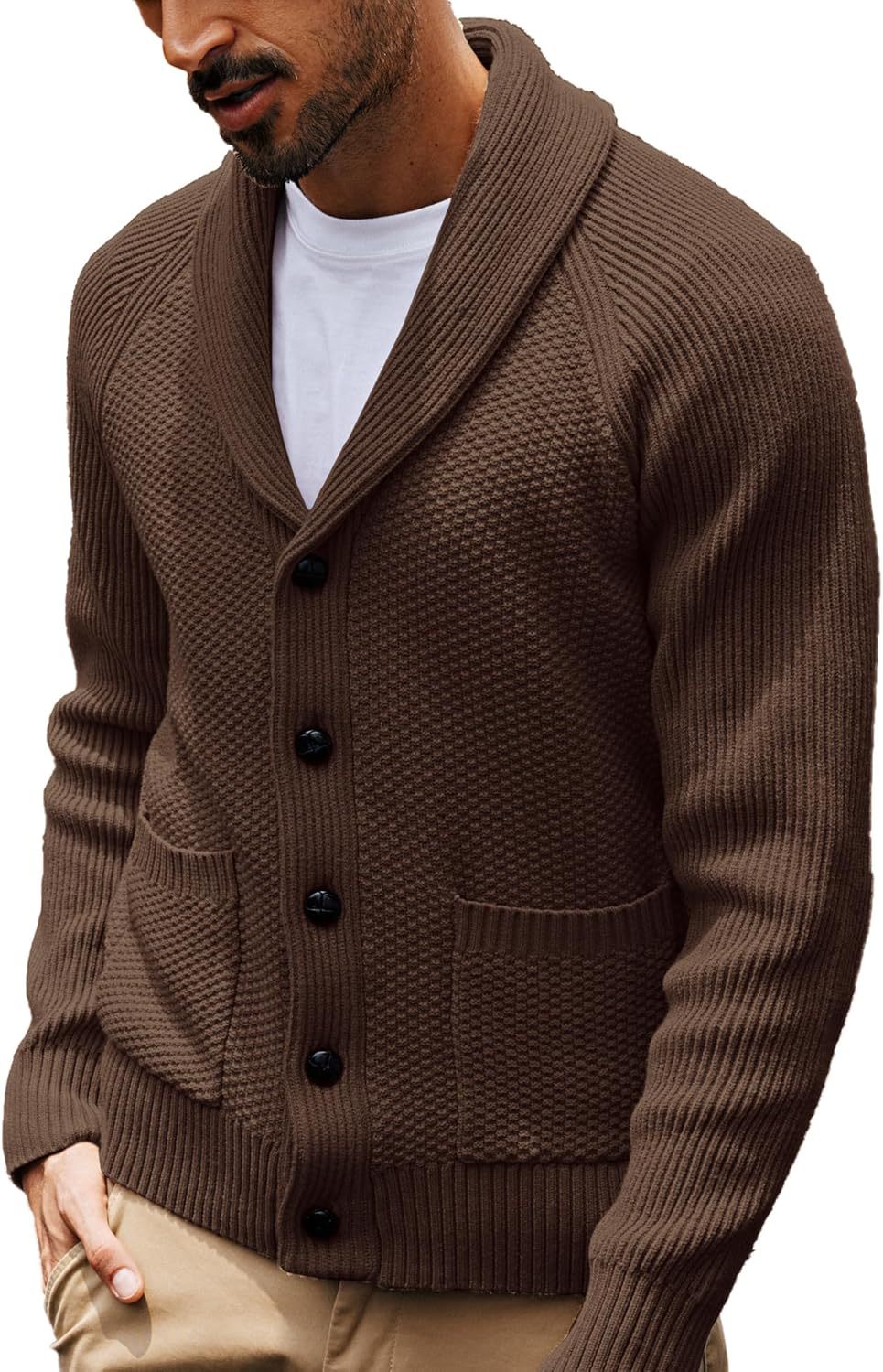 Men's Shawl Collar Button-Down Cardigan Knitted Textured Sweater