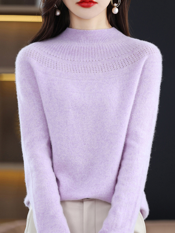 Office Raglan Sleeve Hollow Solid Color High-Neck Sweater Tops