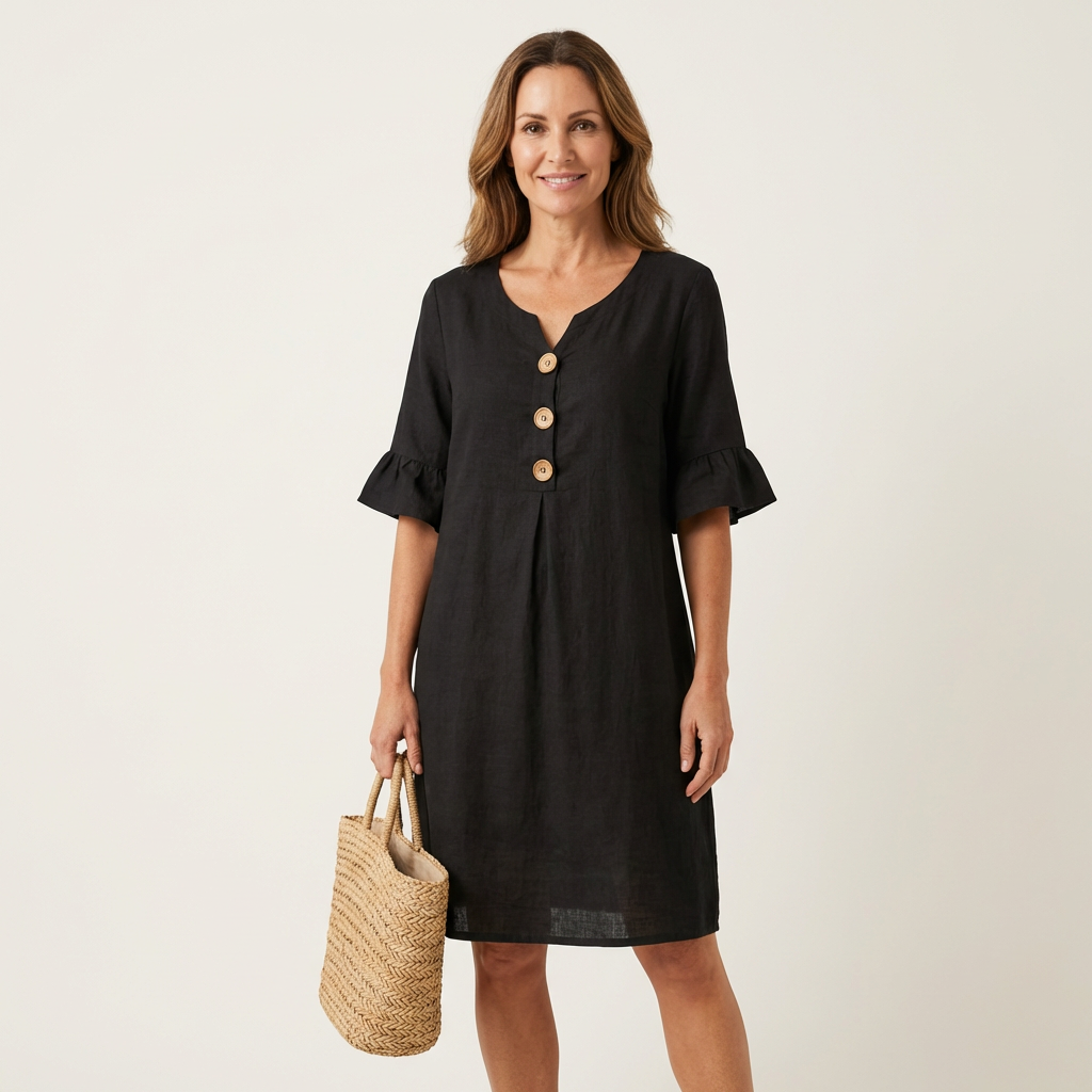 New Arrivals🔥Rileya | Cotton-Linen Shift Dress with Button Front & Ruffle Sleeves