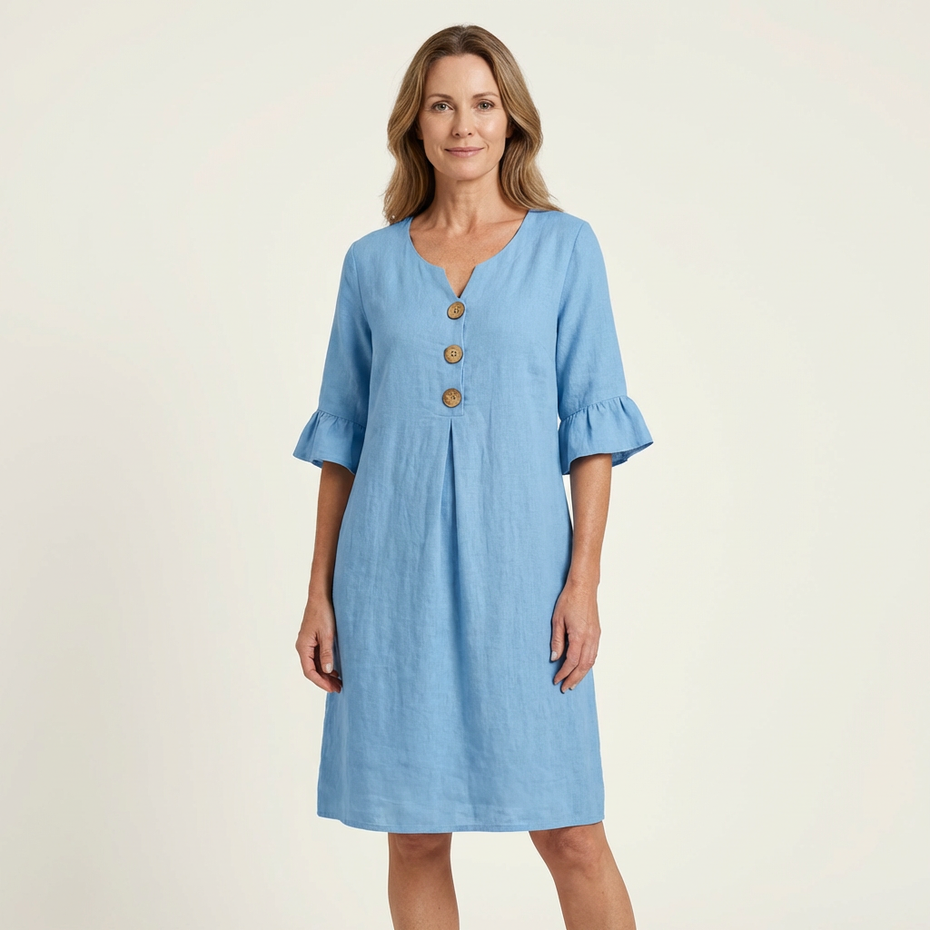 New Arrivals🔥Rileya | Cotton-Linen Shift Dress with Button Front & Ruffle Sleeves