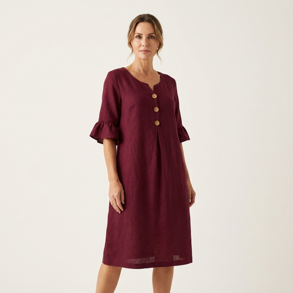  New Arrivals🔥Rileya | Cotton-Linen Shift Dress with Button Front & Ruffle Sleeves