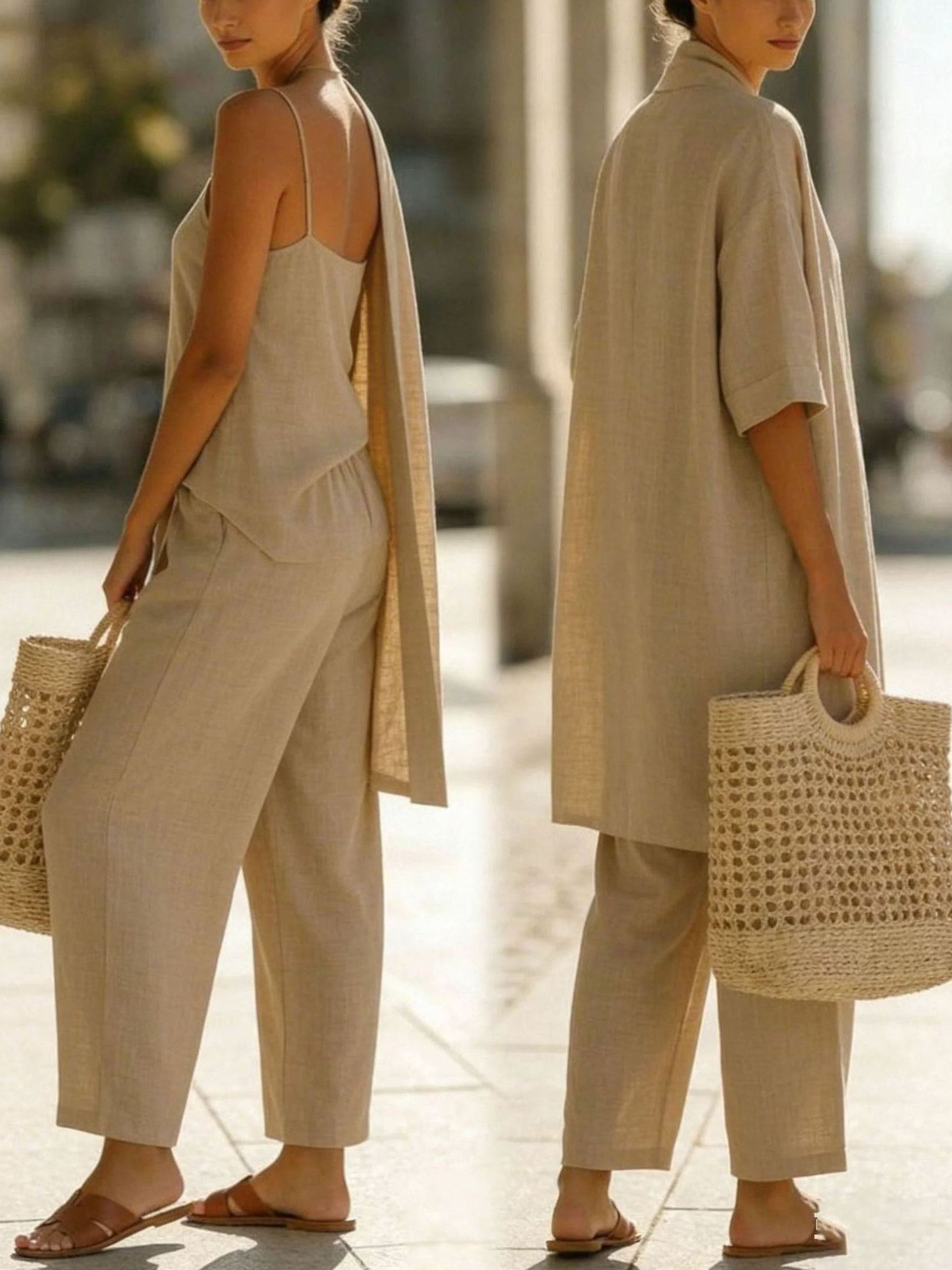 Minimalist Linen-cotton Three-piece Set - Comfortable For Everyday Wear