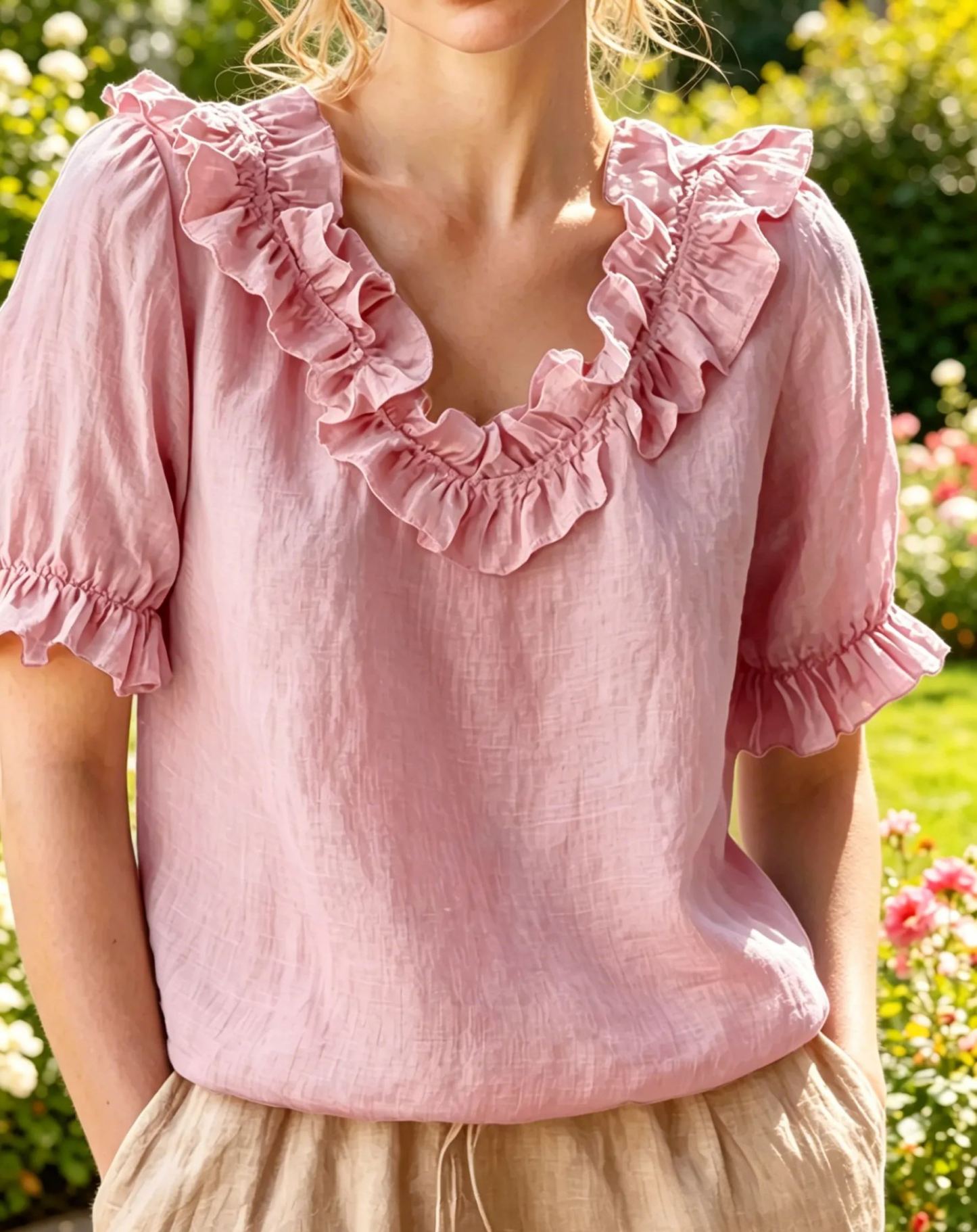 NEW🔥Women's V-neck Short-sleeved Casual Ruffle Trim Loose Cotton Blouse Top