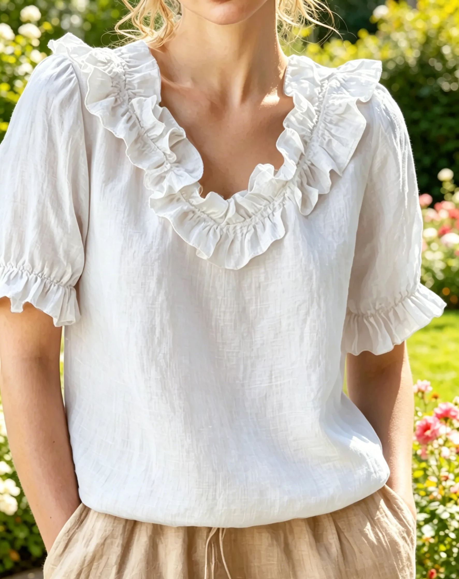 NEW🔥Women's V-neck Short-sleeved Casual Ruffle Trim Loose Cotton Blouse Top