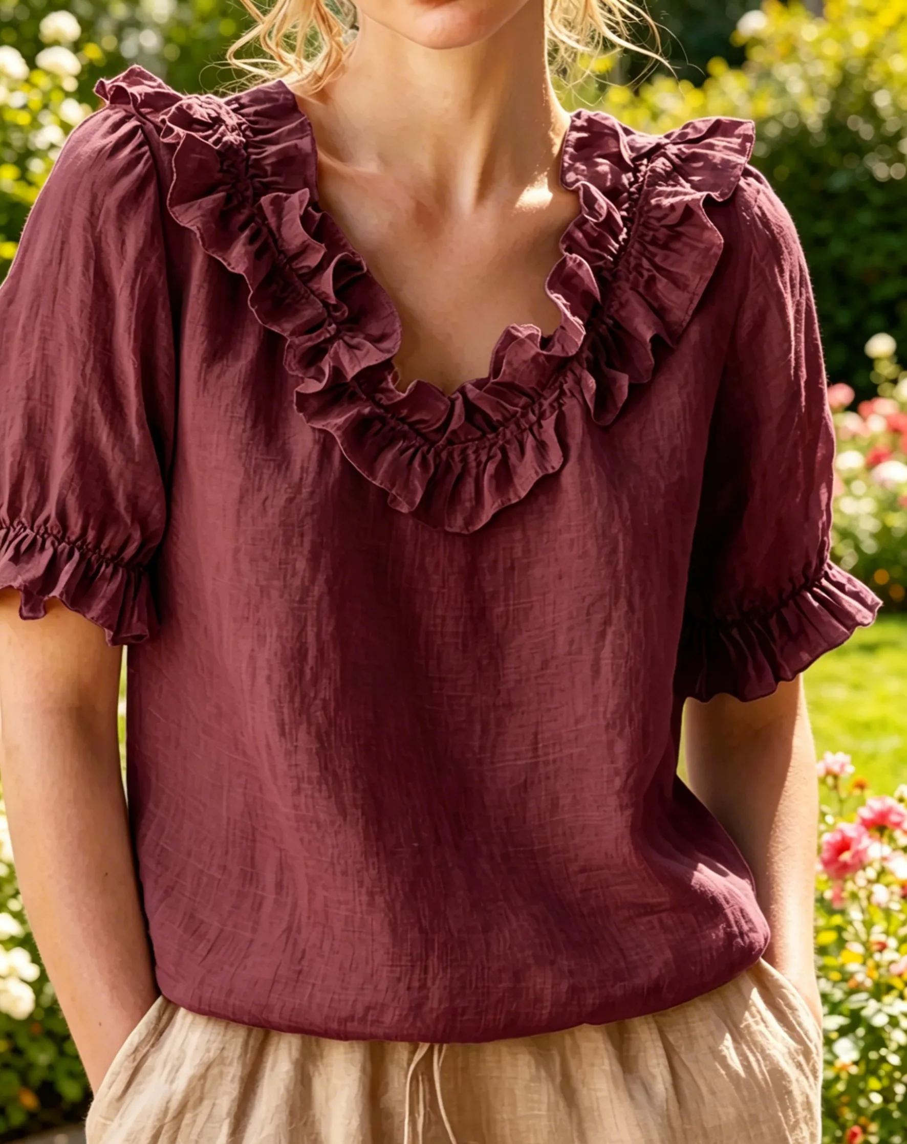 NEW🔥Women's V-neck Short-sleeved Casual Ruffle Trim Loose Cotton Blouse Top