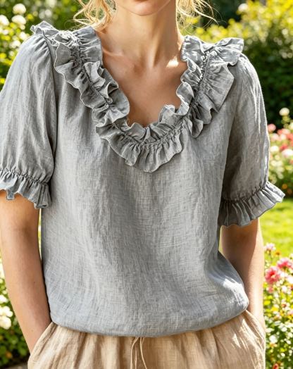 NEW🔥Women's V-neck Short-sleeved Casual Ruffle Trim Loose Cotton Blouse Top