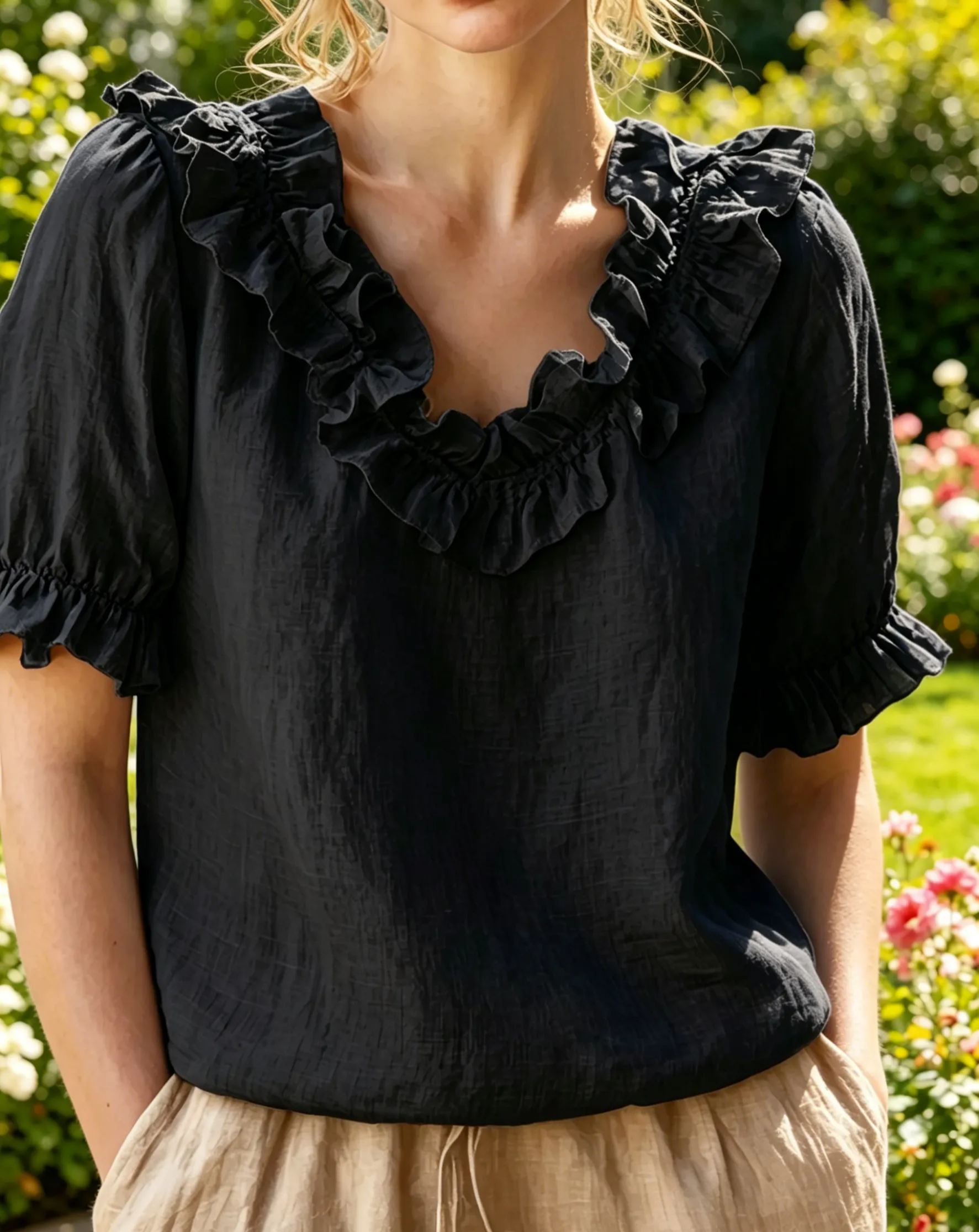 NEW🔥Women's V-neck Short-sleeved Casual Ruffle Trim Loose Cotton Blouse Top