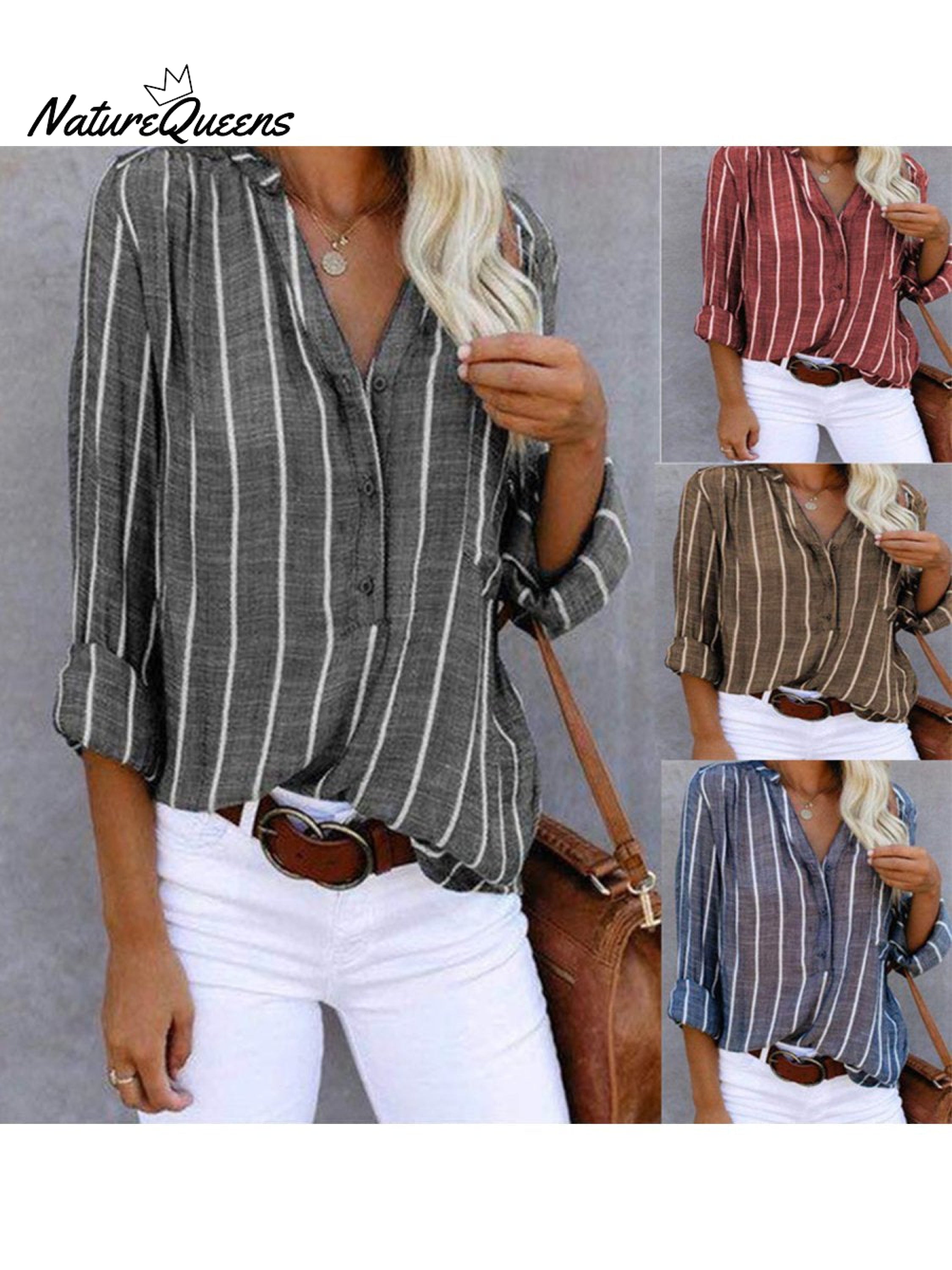 🔥CLEARANCE SALE🔥Women‘s Long Sleeve Blouse Ladies Fashion V-Neck Stripe Shirt