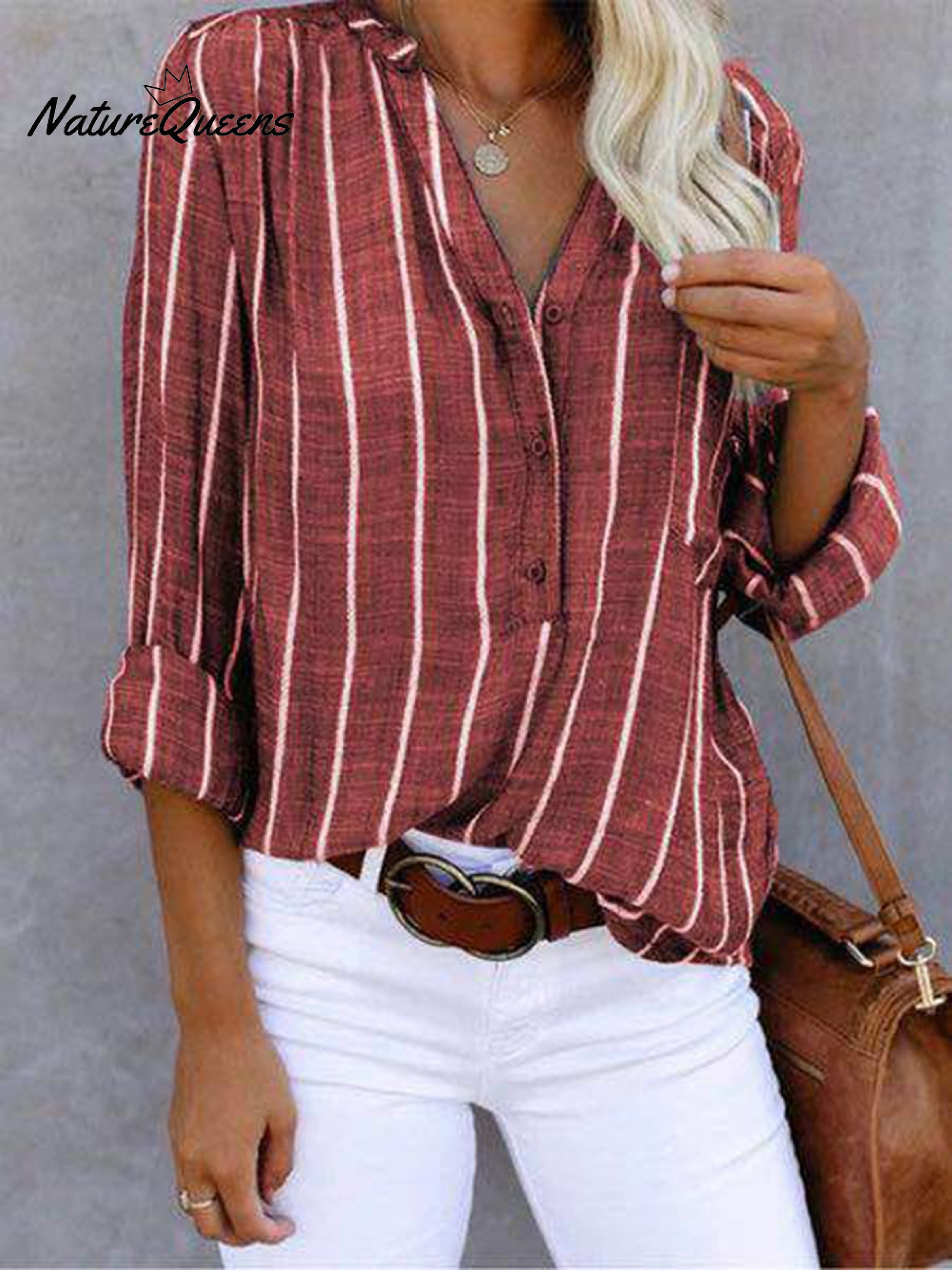 🔥CLEARANCE SALE🔥Women‘s Long Sleeve Blouse Ladies Fashion V-Neck Stripe Shirt