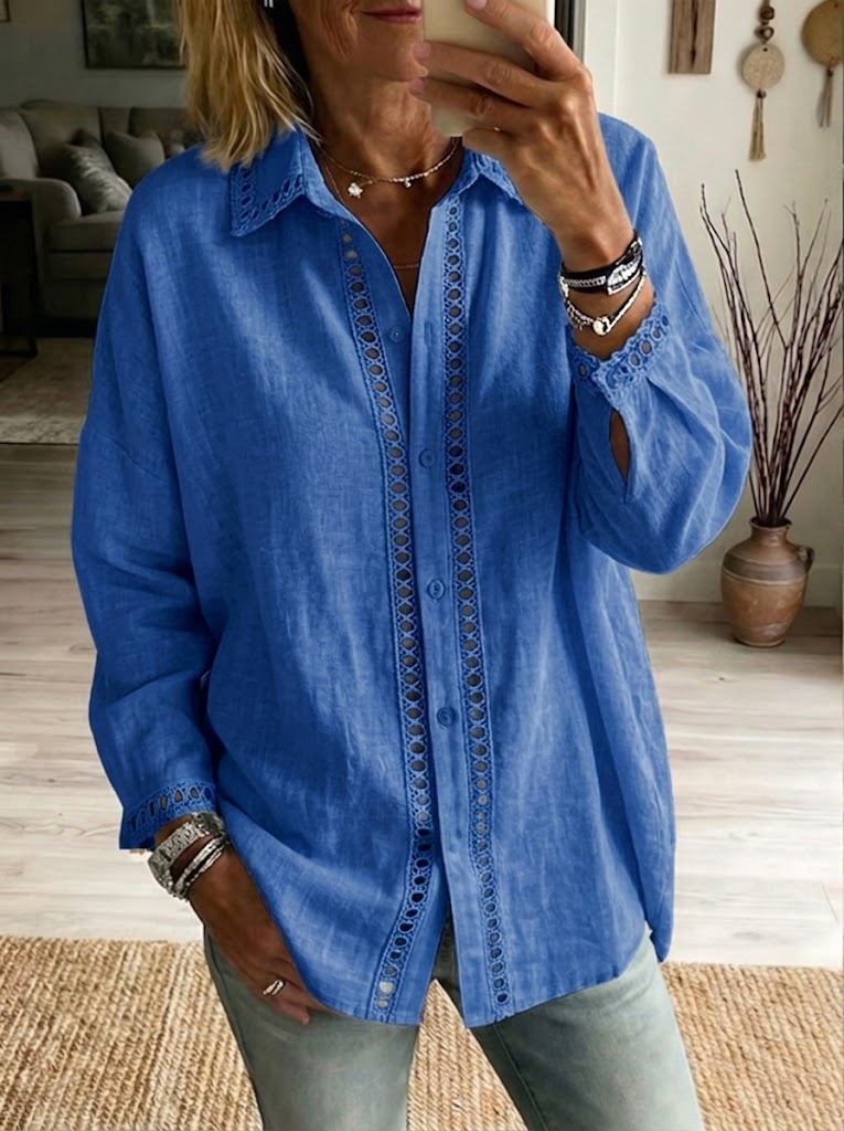 Casual Long-sleeve Linen-cotton Shirt With Spliced cutout Webbing