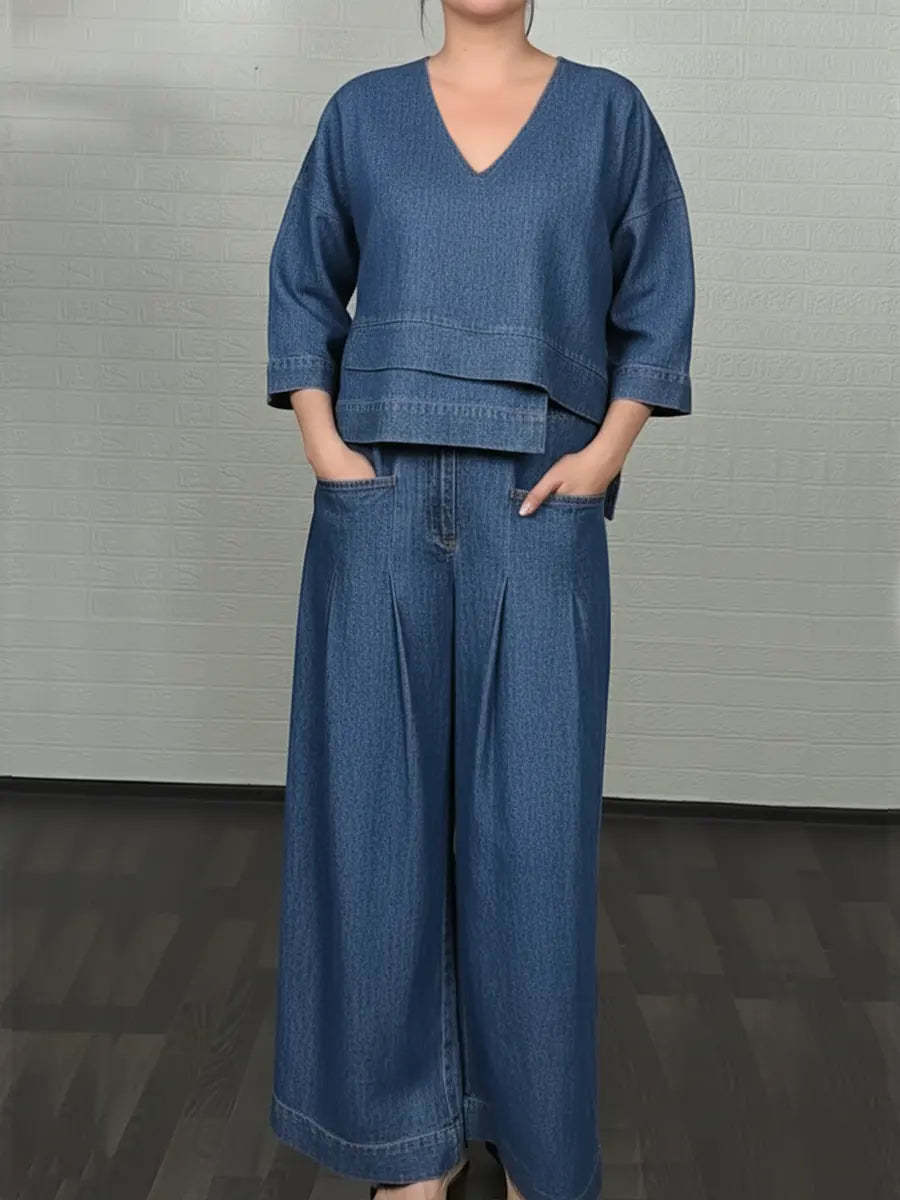 Women's Casual Denim Cotton Top And Pants Two-piece Set