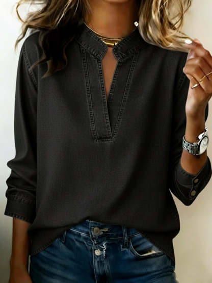 Casual Cozy V-neck 100% Cotton Denim Shirt