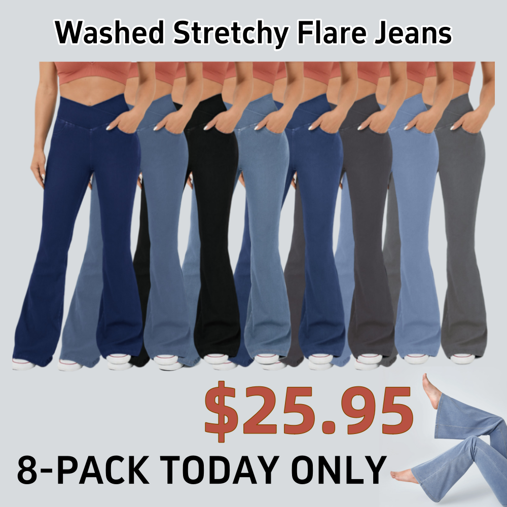 LBF-⚡High Waisted Crossover Pocket Washed Stretchy Knit Casual Super Flare Jeans⚡