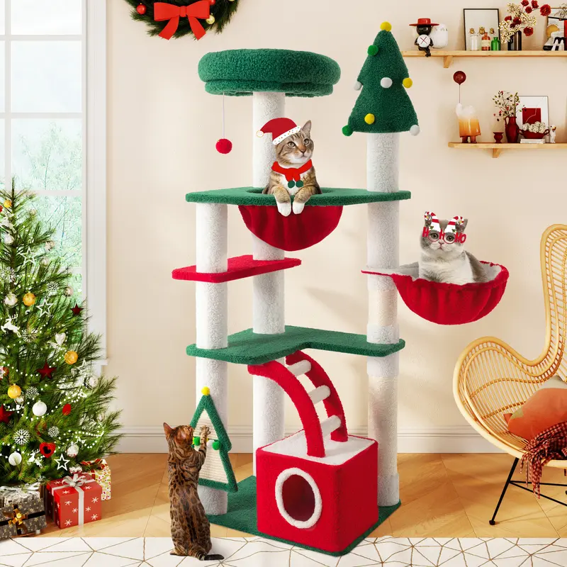 Spring Sale💥Christmas Tree Cat Tower with Ornament Balls & Cozy Condo