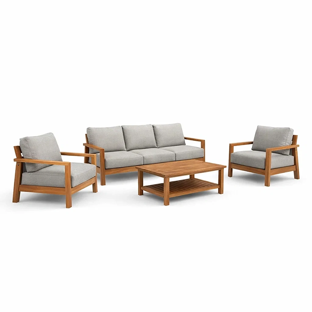 Ensemble de canapés en acacia avec coussins en polyester gris-FURNDINO