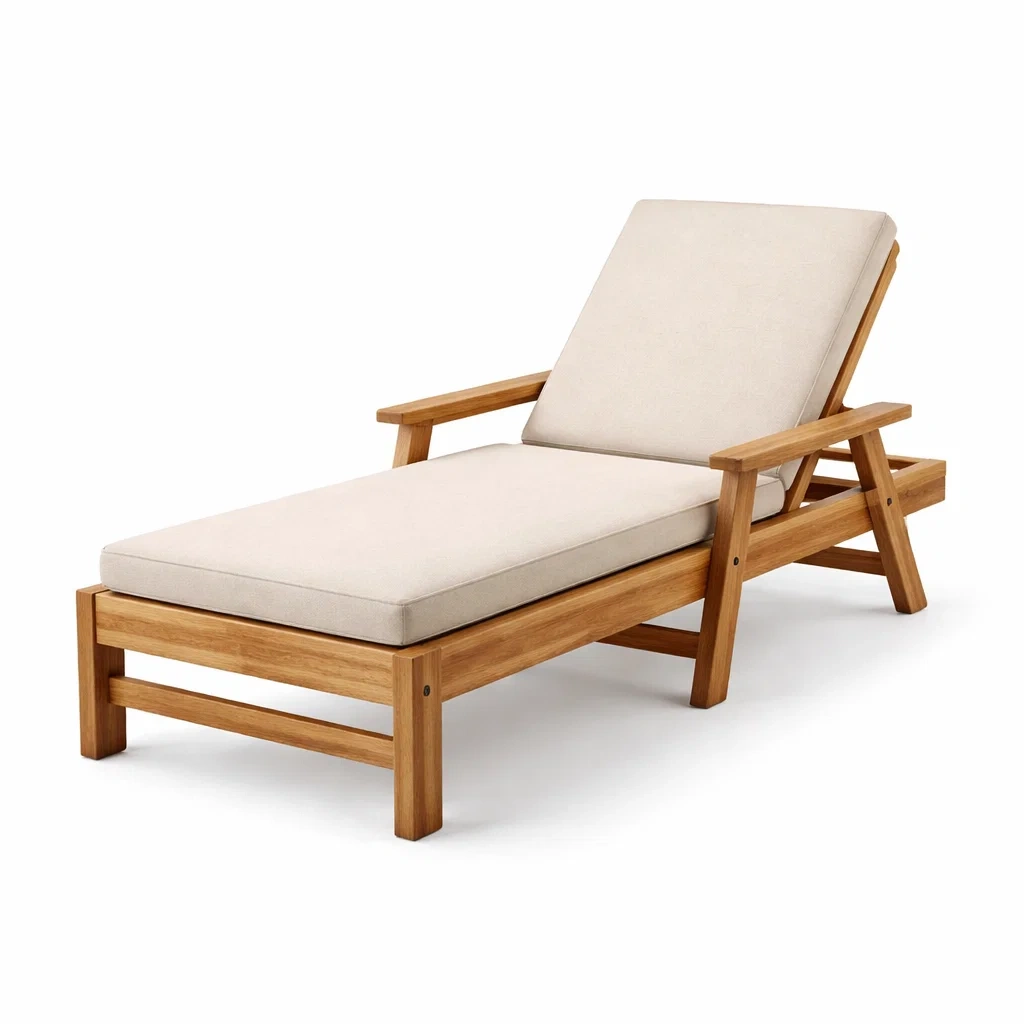 Chaise longue en bois de teck et tissu beige-LIVFINO