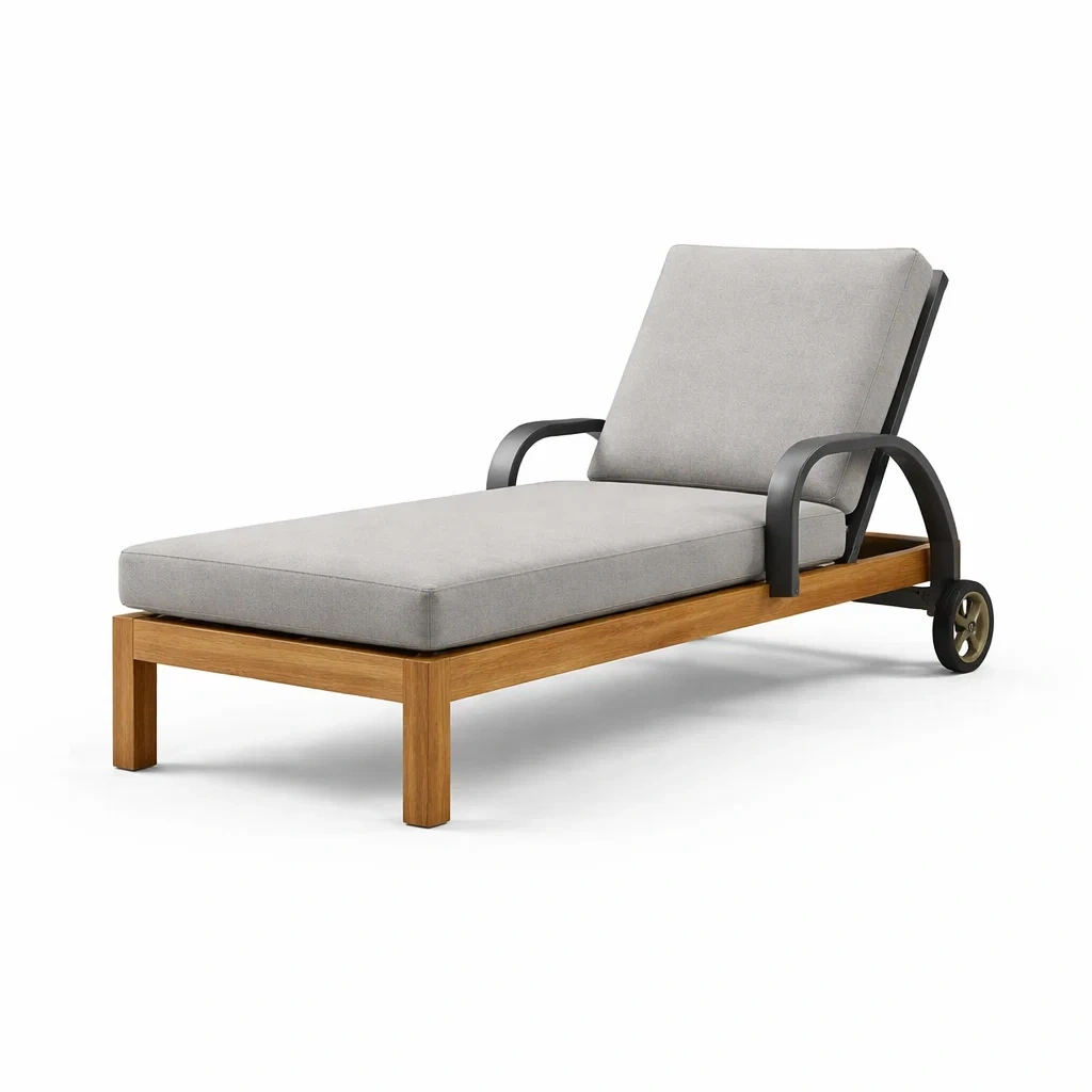 Chaise longue extérieure en teck et aluminium avec coussins gris-LIVFINO