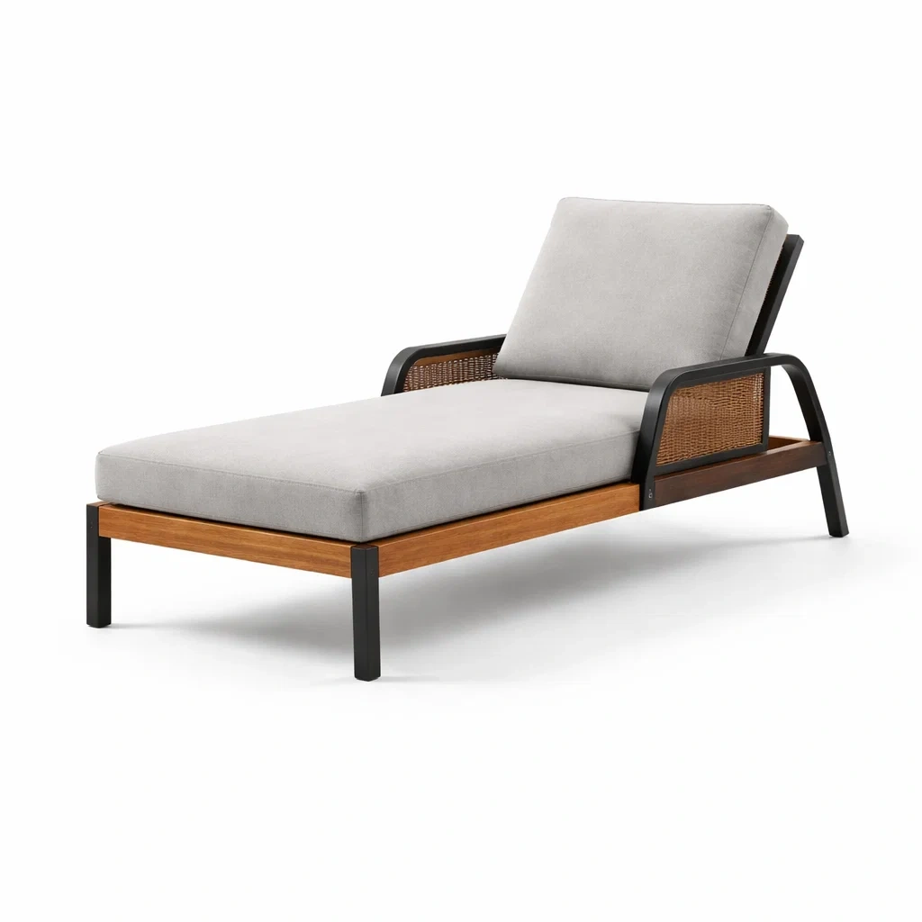 Chaise longue en bois d'acacia et aluminium avec tissu polyester gris-LIVFINO